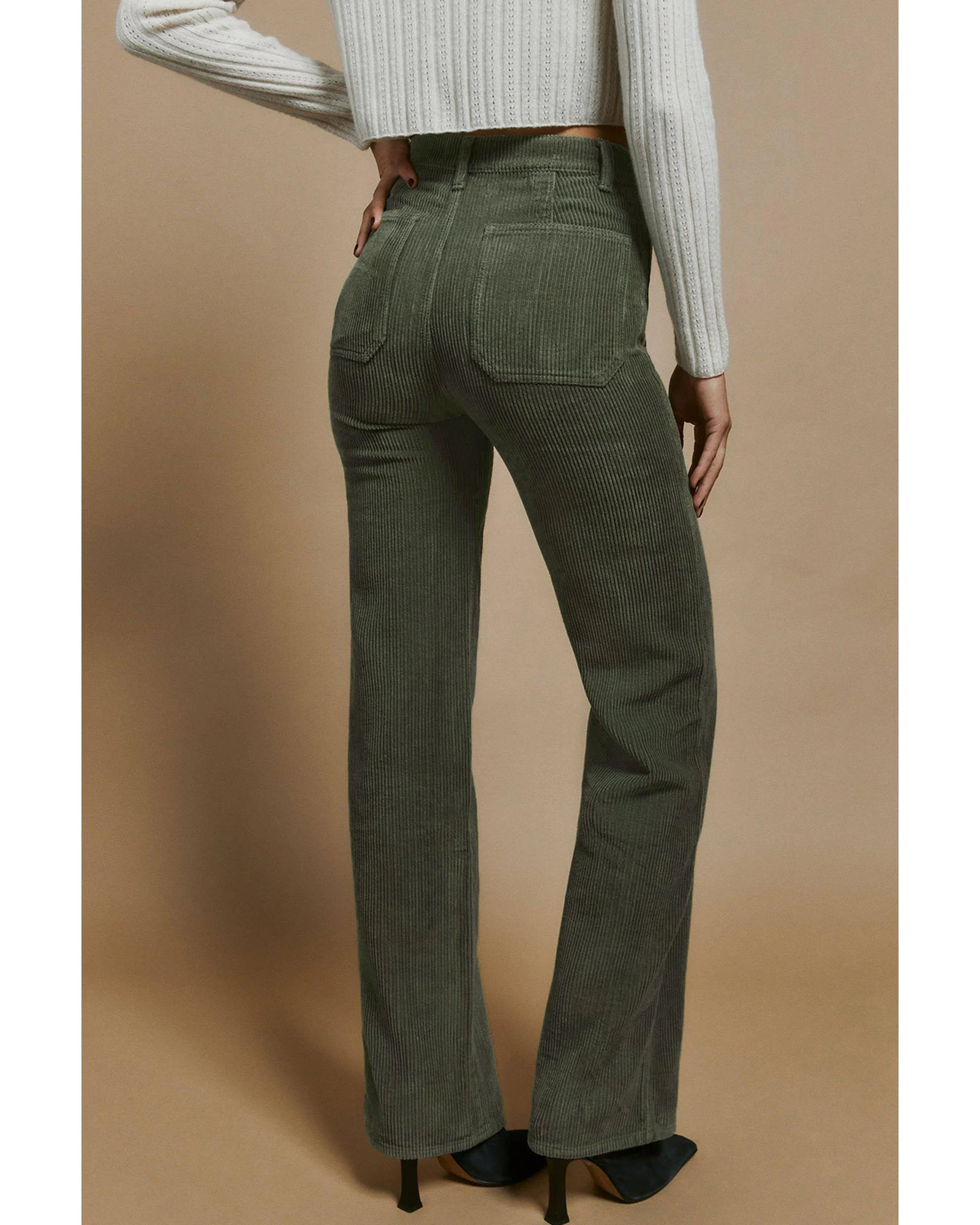 Azura Exchange Green High Waist Square Pockets Corduroy Pants - Green