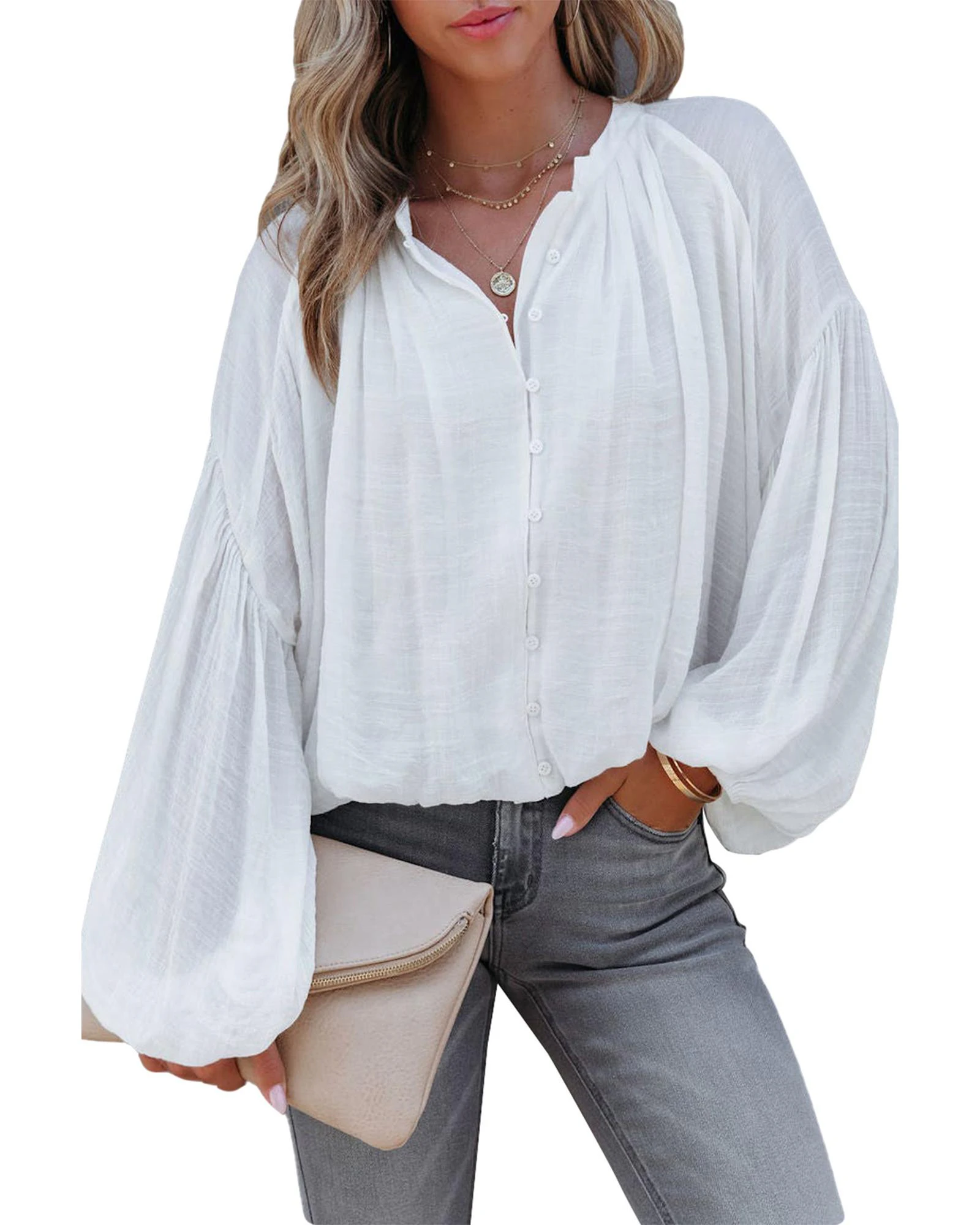 Azura Exchange V Neck Balloon Sleeve Shirt