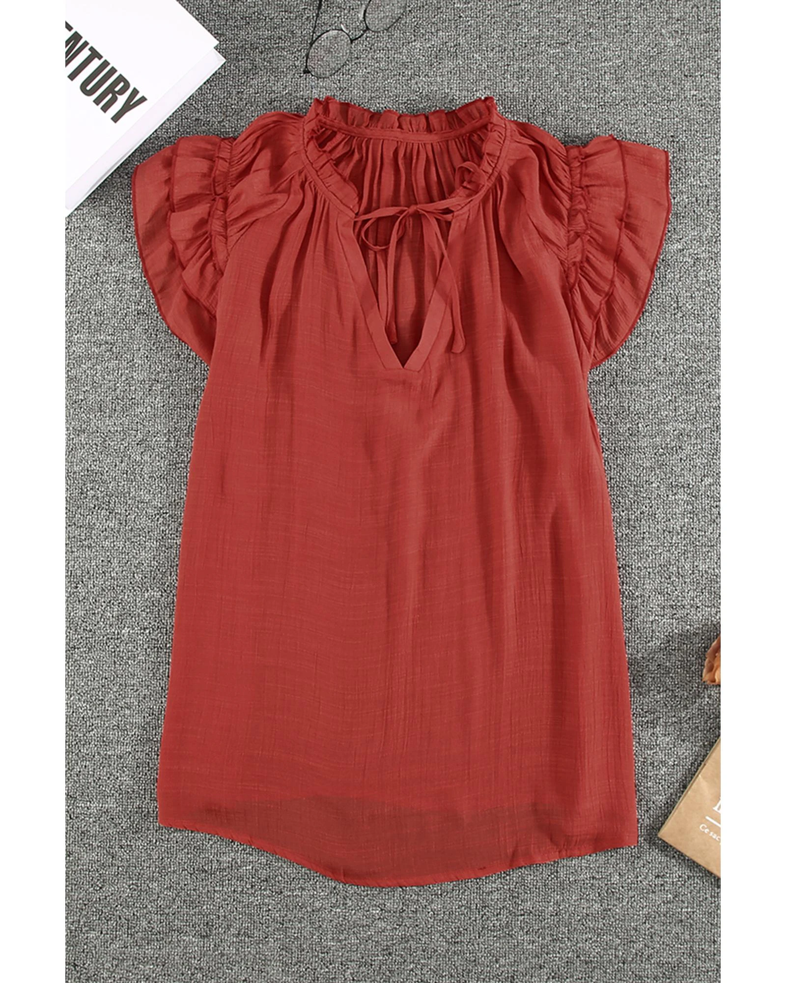 Azura Exchange Tiered Ruffled Drawstring V Neck Top - Red