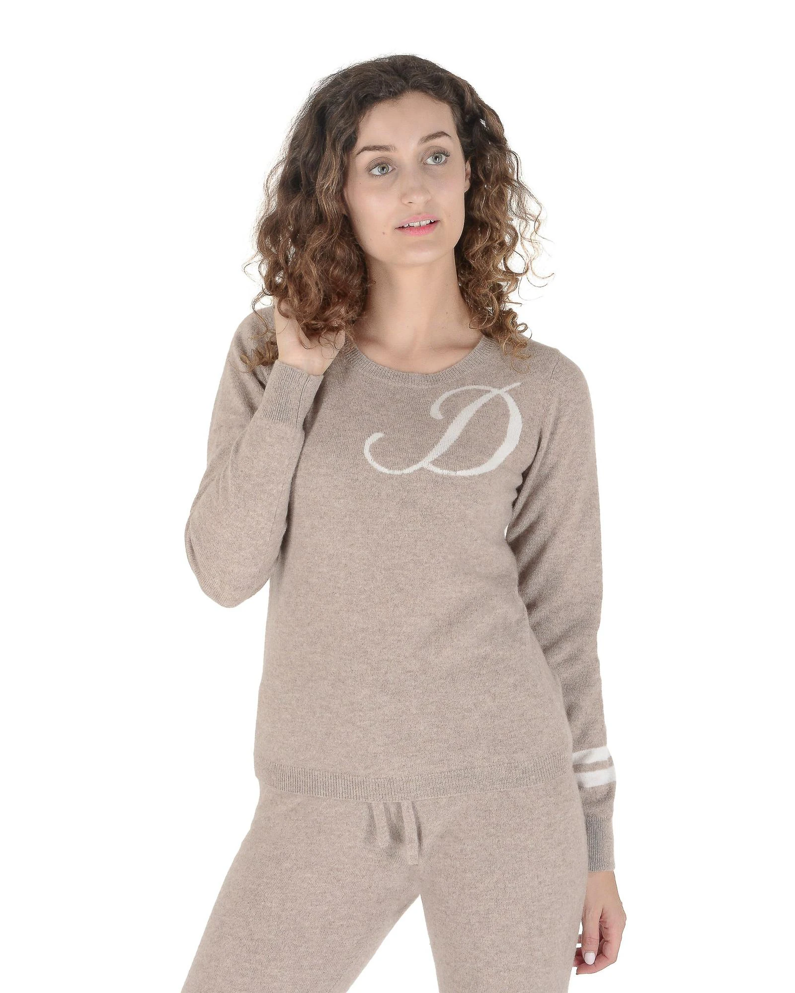 Cashmere Crew Neck Sweater with Contrasting Letter - Camel