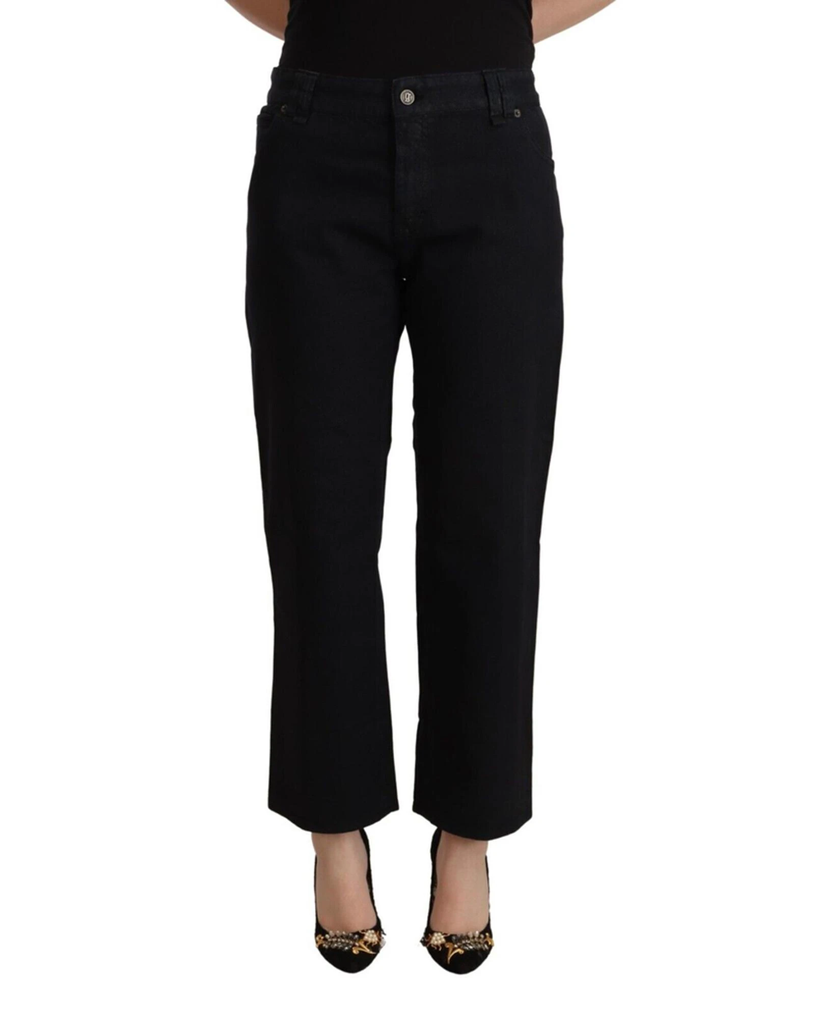 Cropped High Waist GALLIANO Jeans with Zipper Closure - Black