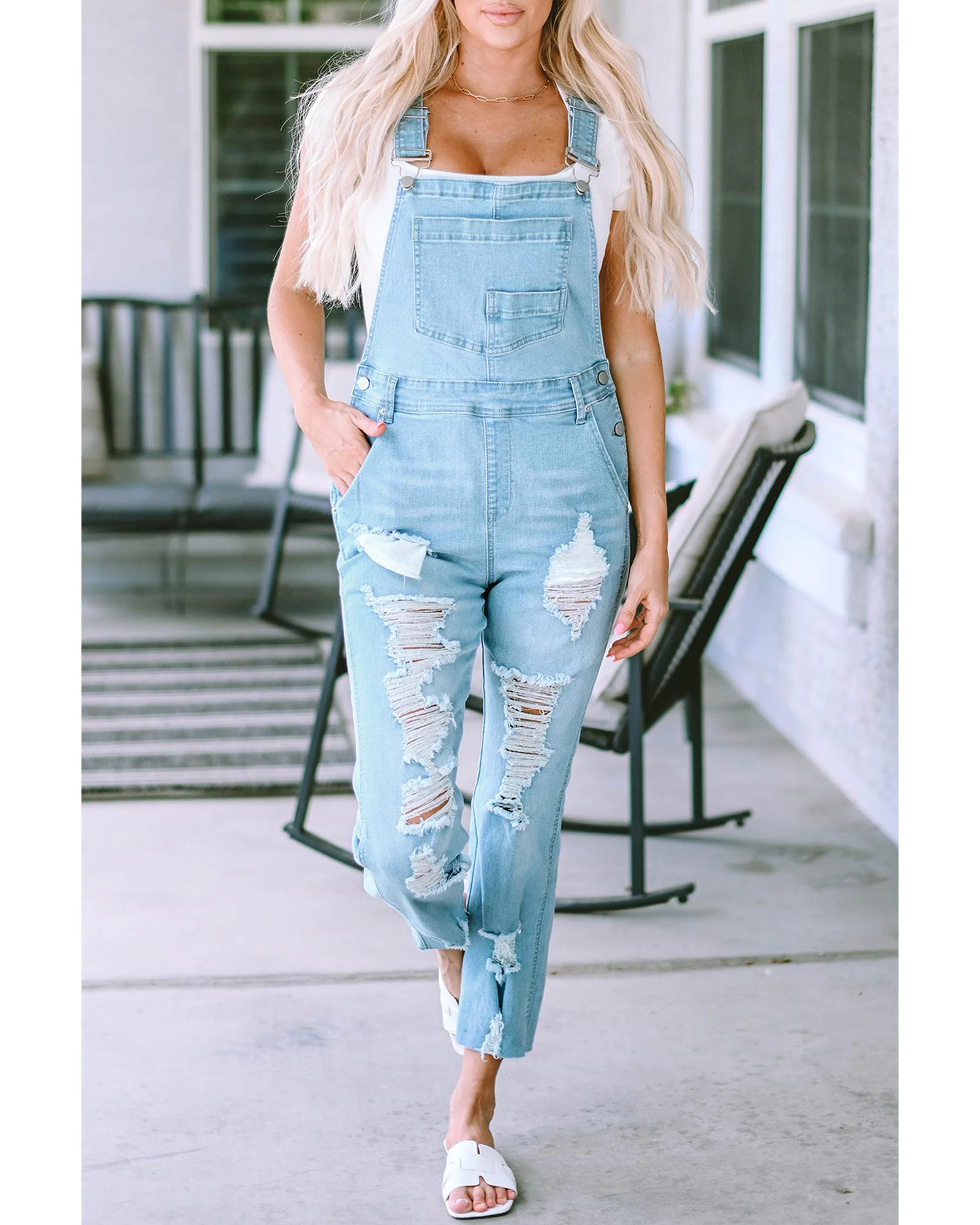 Azura Exchange Distressed Denim Overalls with Bib Pocket - Sky Blue