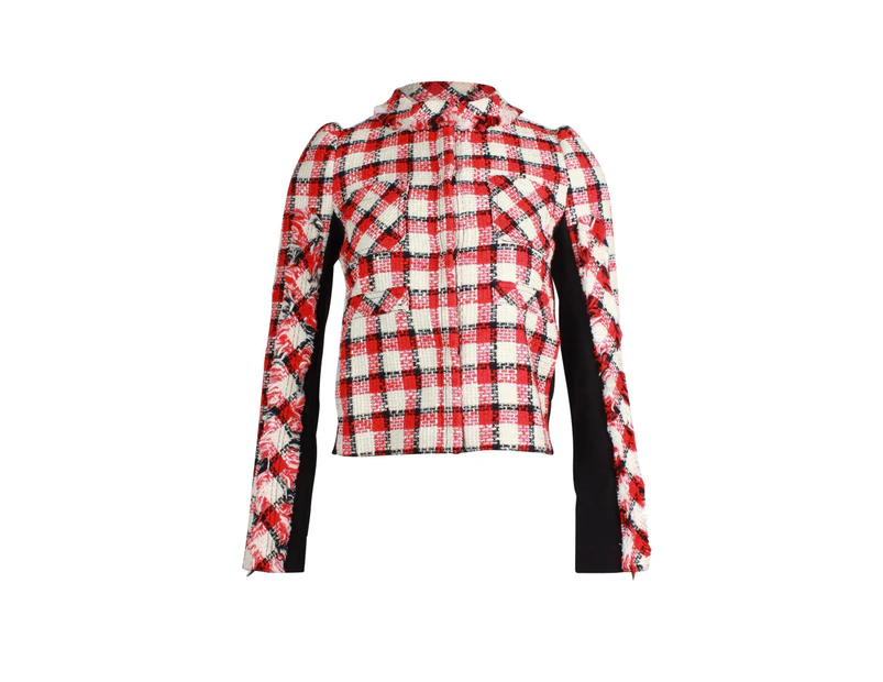 Plaid Cotton Cropped Jacket in Vibrant Red Print - Red Print