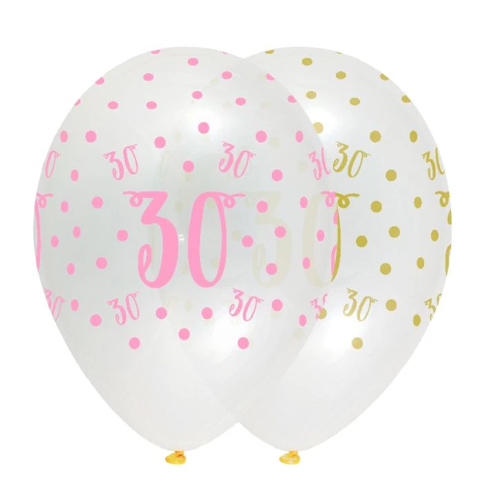 Creative Party Latex 30th Birthday Balloons (Pack of 6) (Clear/Pink) - SG27850