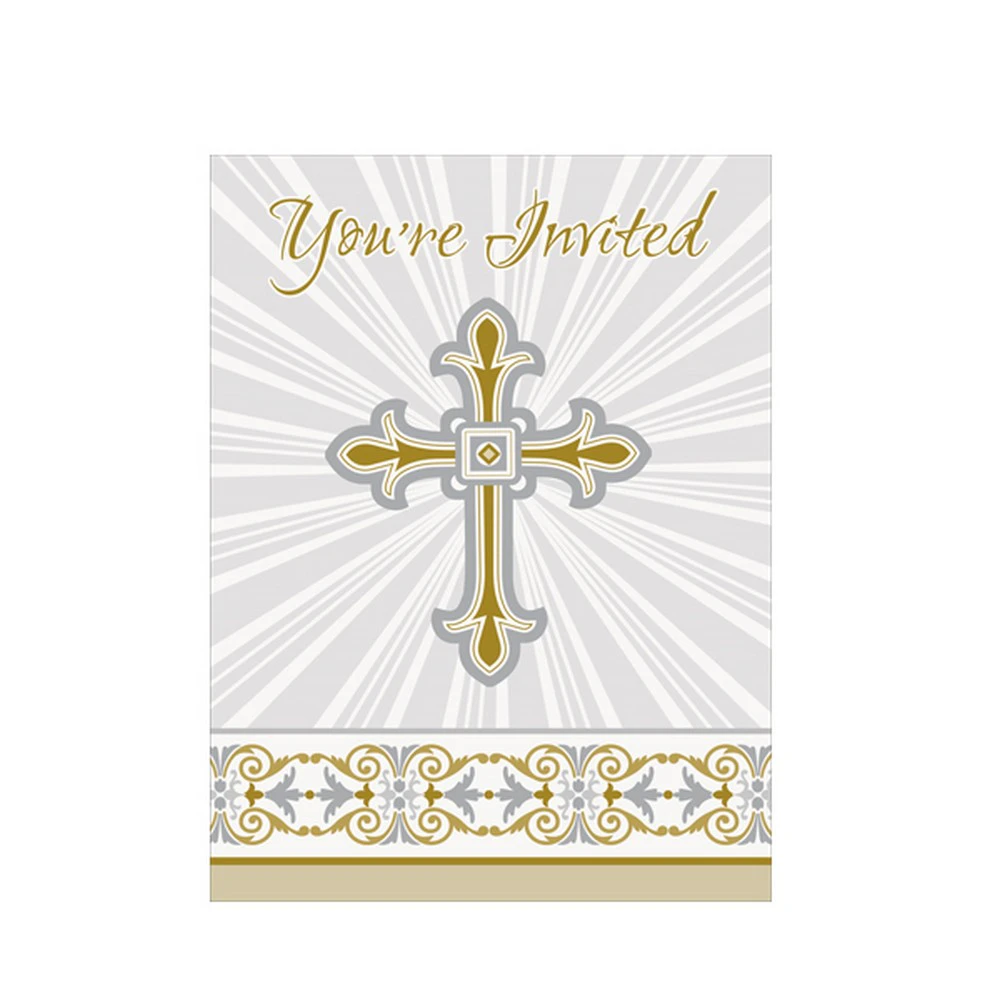 Unique Party Radiant Cross Paper Design Christening Party Invites (Pack Of 8) (Silver/Gold) - SG9007