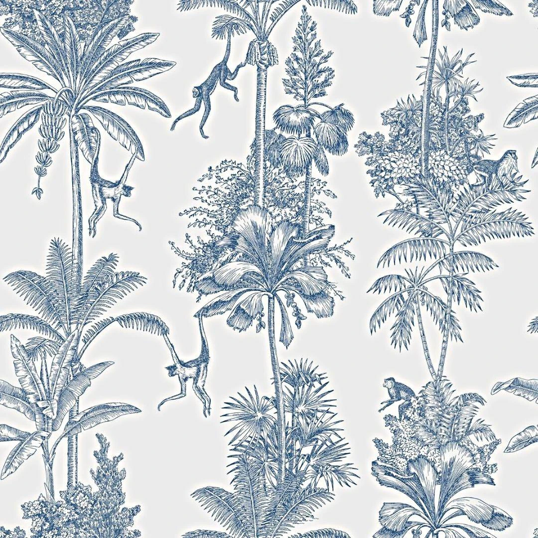 World of Wallpaper Monkey Troop Toile Wallpaper (Blue/White) - AG1977