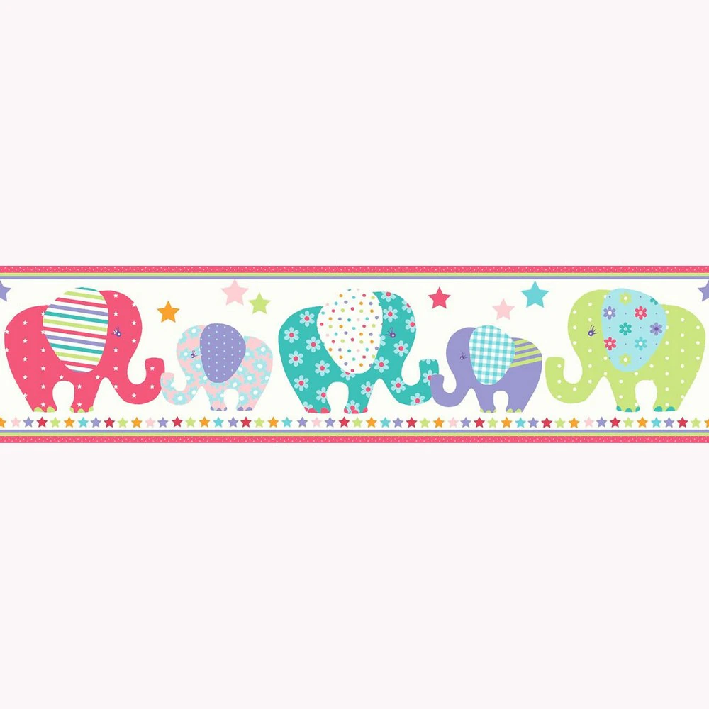 Patchwork Elephant Wallpaper Border (White/Pink/Green) - AG1948