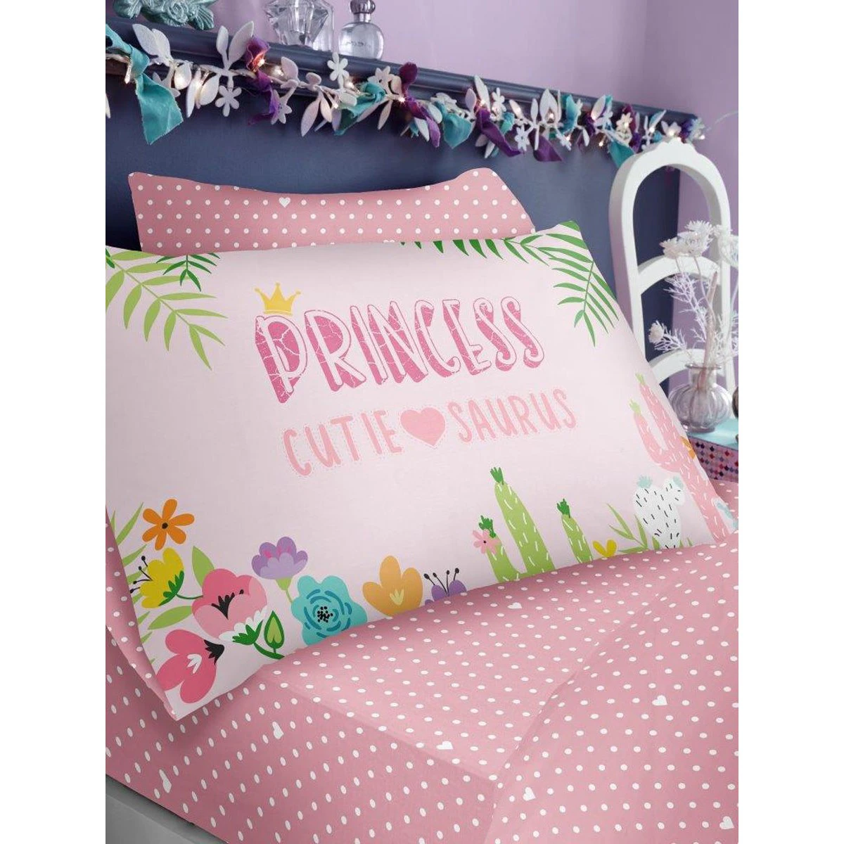 Cutie-Saurus Spotted Fitted Bed Sheet Set (Pink/White) - AG1841