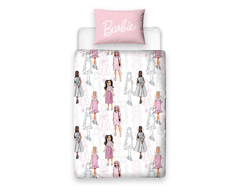 Barbie Reversible Figures Duvet Cover Set (Pink/White/Grey) - AG2998