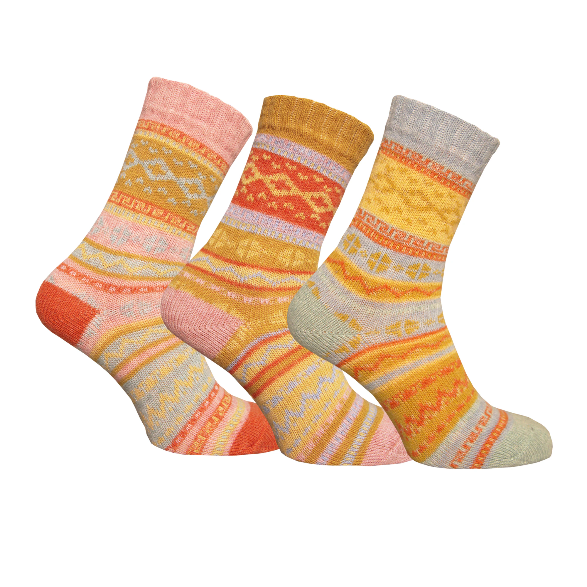 Simply Essentials Womens Alpaca Wool Blend Nordic Socks (Pack Of 3) (Orange/Pink/Mint) - UT1838