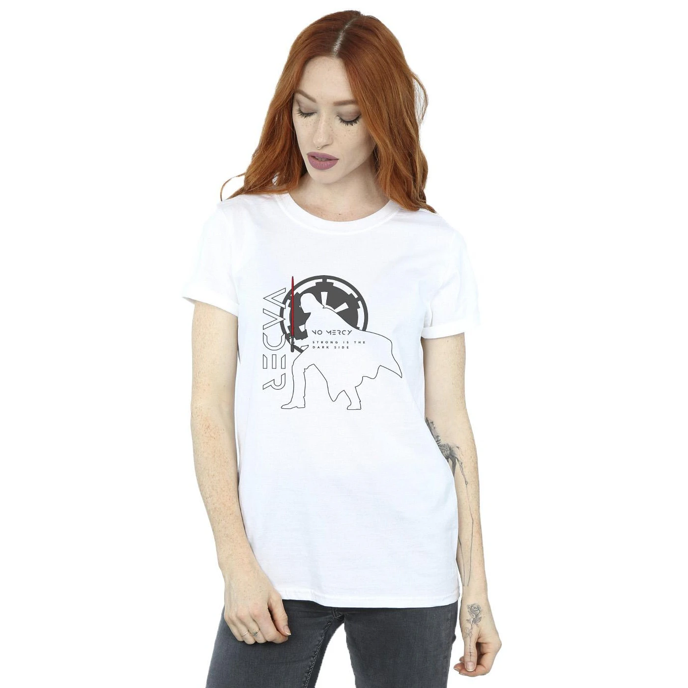 Star Wars: Obi-Wan Kenobi Womens Vader No Mercy Cotton Boyfriend T-Shirt (White) - BI15144