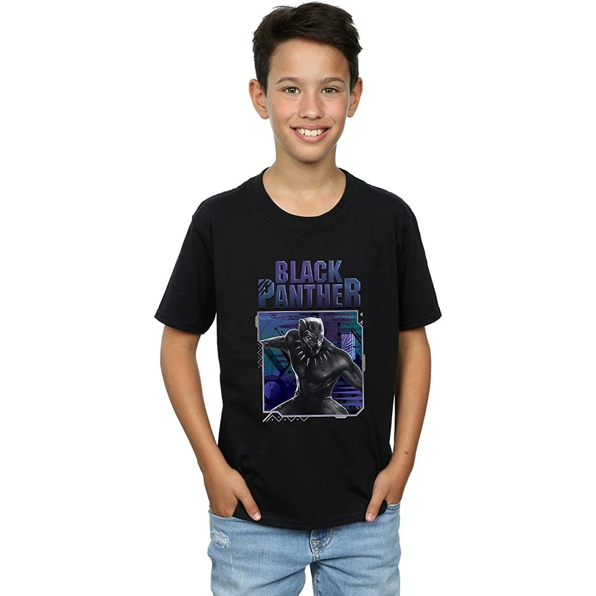 Black Panther Boys Tech Badge Cotton T-Shirt (Black) - BI1608