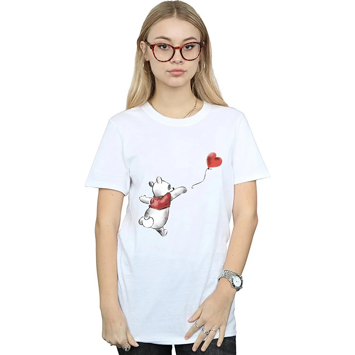 Winnie the Pooh Womens Balloons Cotton Boyfriend T-Shirt (White) - BI1610