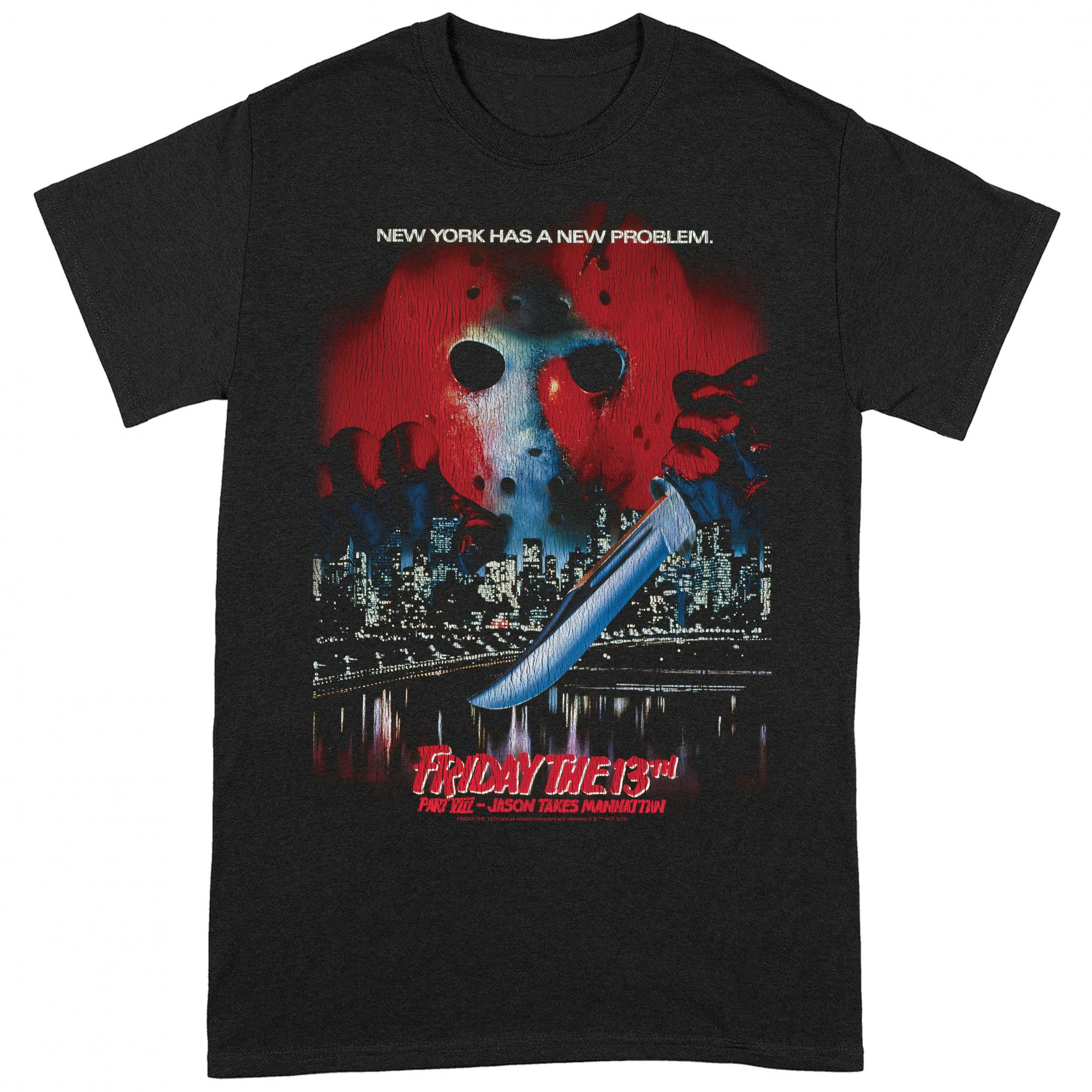 Friday The 13th Unisex Adult Jason Takes Manhattan T-Shirt (Black/Red/Blue) - BI172