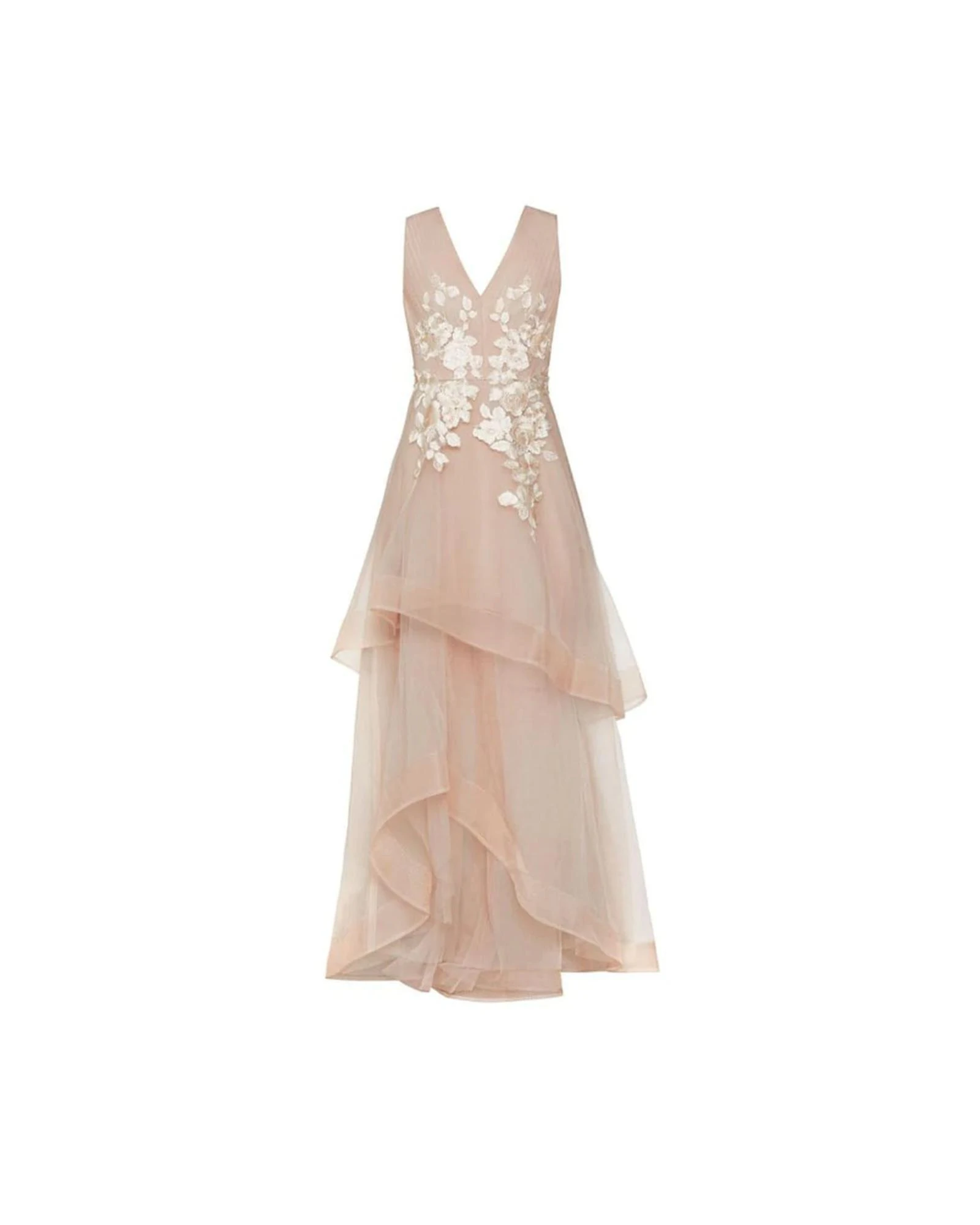 Lace Applique Tulle Gown - Beige