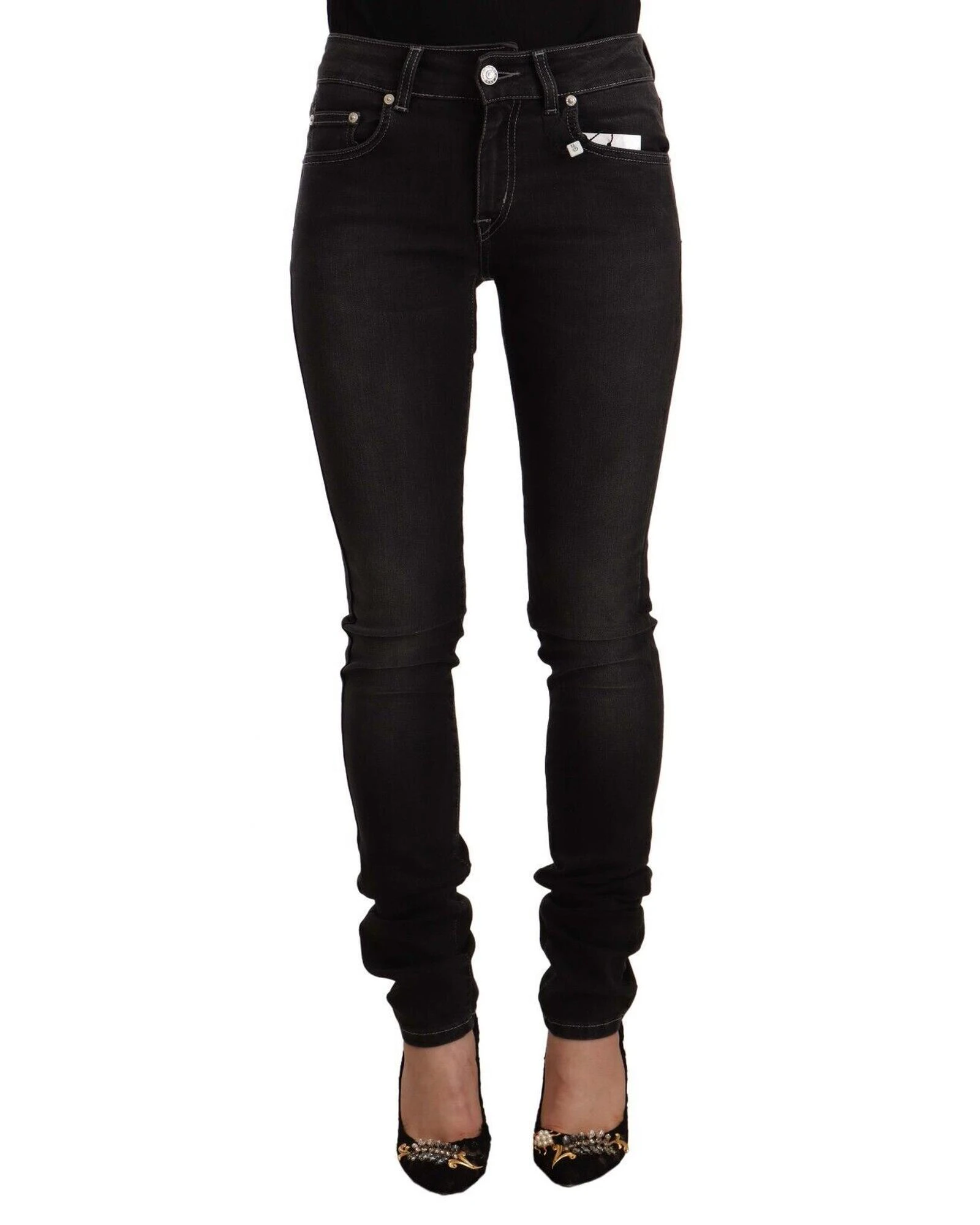 Slim Fit Black Washed Mid Waist Jeans with Logo Details - Black