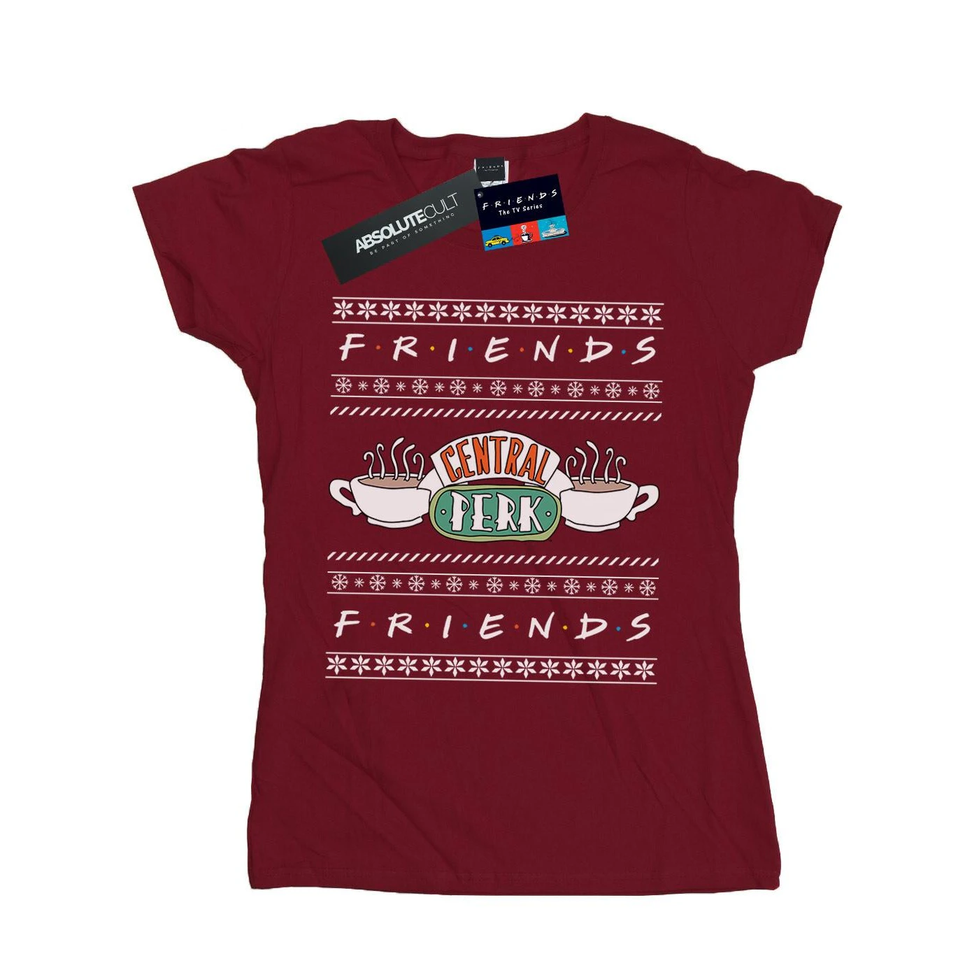 Friends Womens Fair Isle Central Perk Cotton T-Shirt (Burgundy) - BI20818