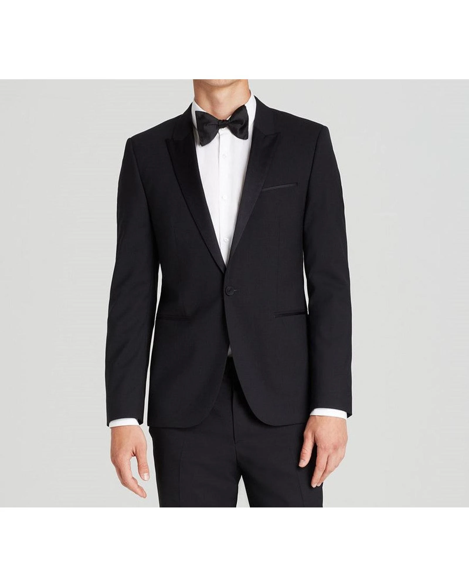 Black Wool Peak Lapel Tuxedo Suit with Monogram Liner - Black