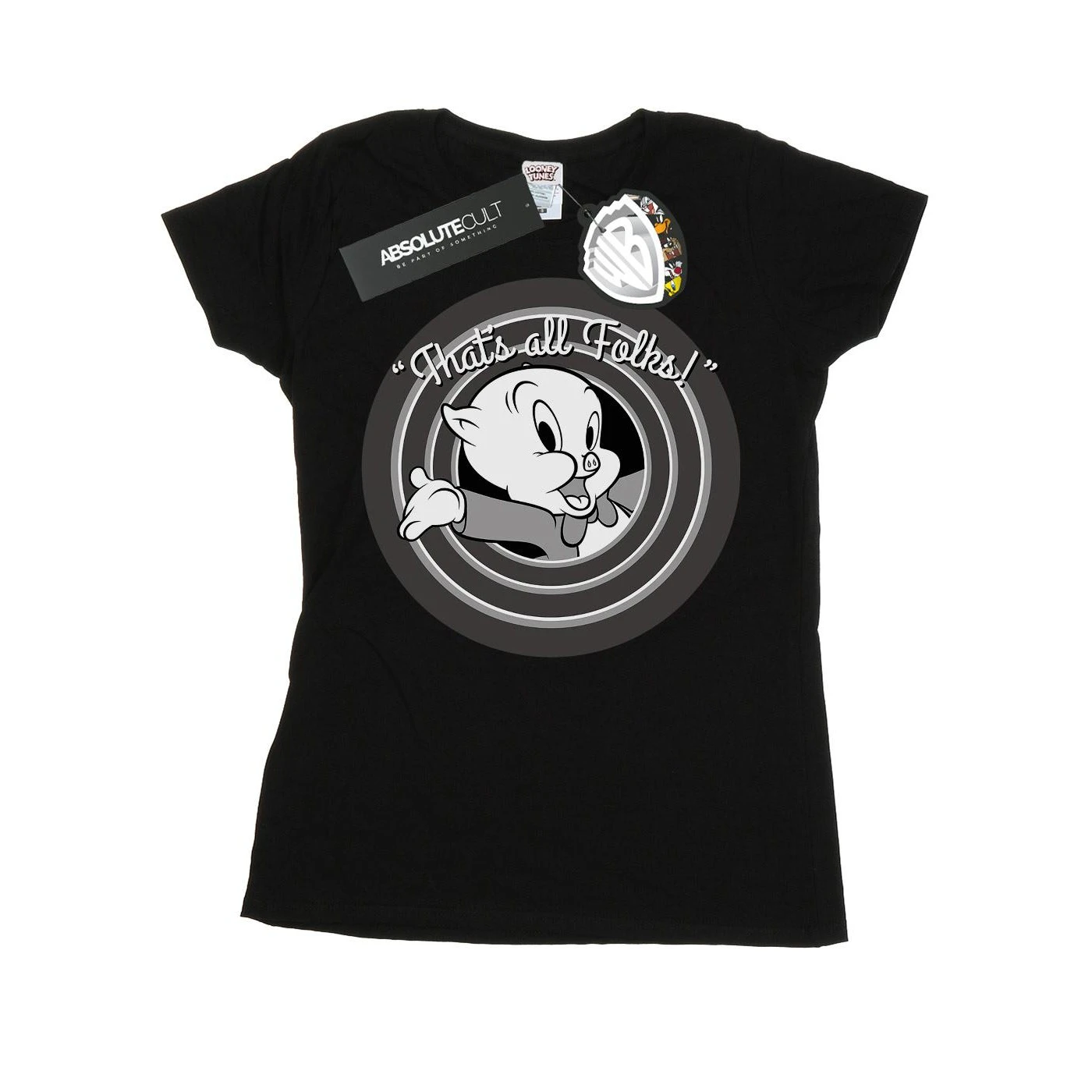 Looney Tunes Womens Porky Pig That´s All Folks Cotton T-Shirt (Black) - BI26503