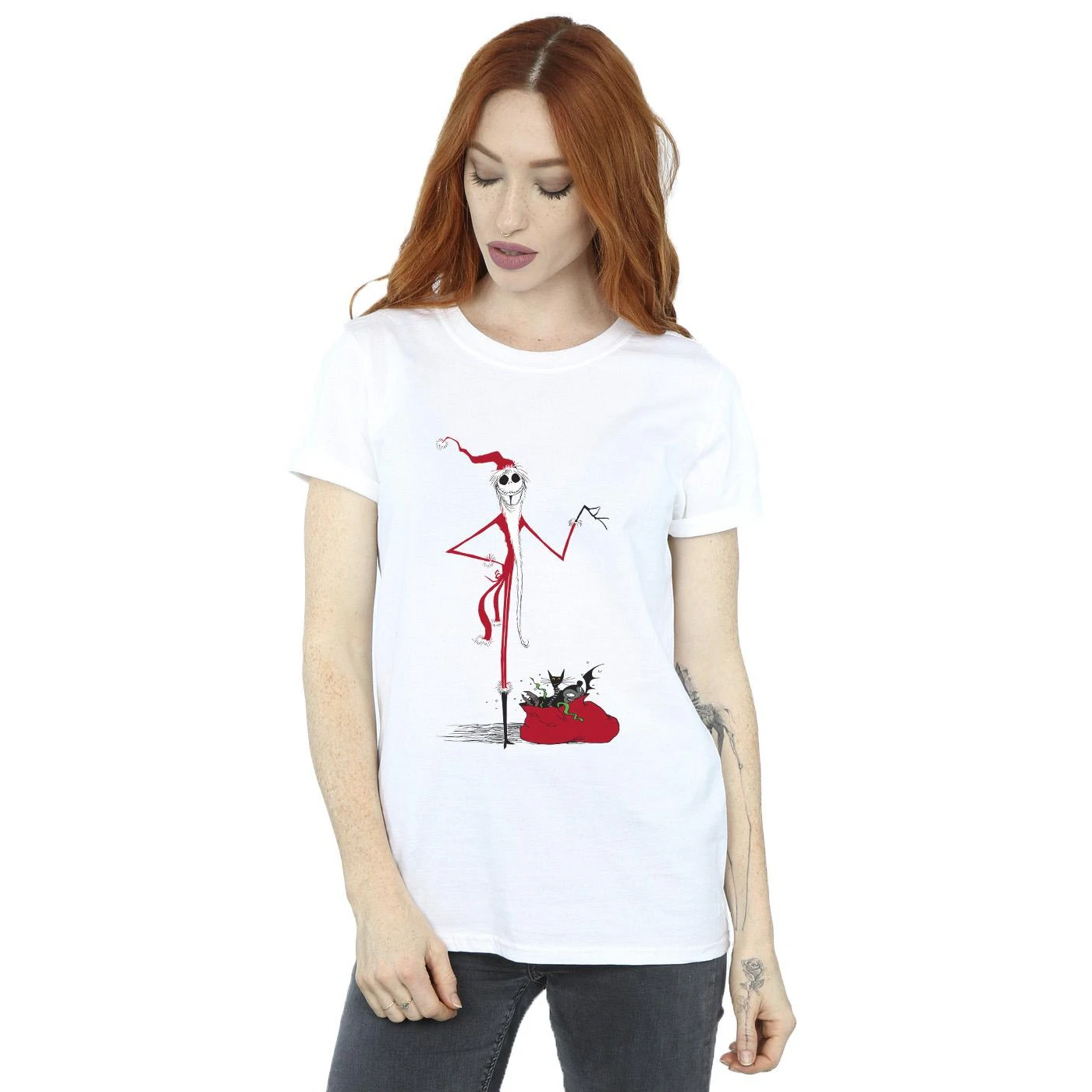 The Nightmare Before Christmas Womens Christmas Presents Cotton Boyfriend T-Shirt (White) - BI41658