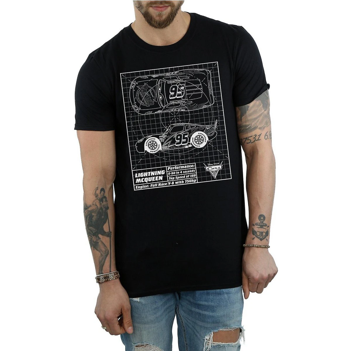 Cars Mens Lightning McQueen Blueprint Cotton T-Shirt (Black) - BI474