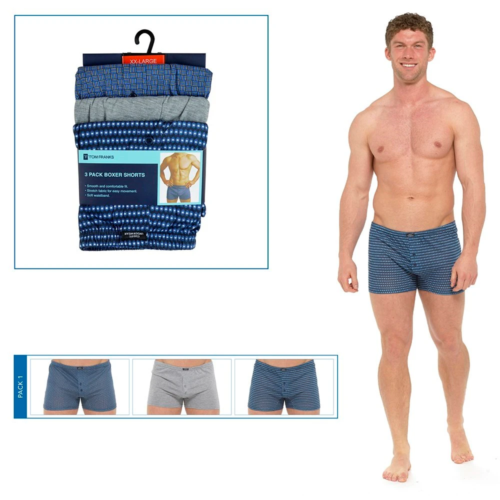 Tom Franks Mens Patterned Jersey Boxer Shorts (3 Pairs) (Blue) - UT554