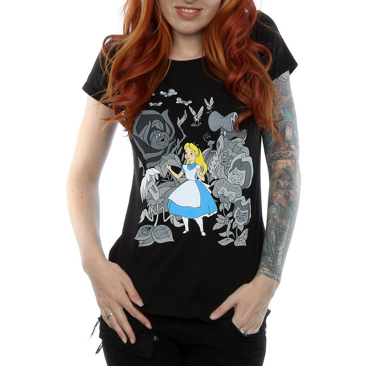 Alice In Wonderland Womens Flowers Cotton T-Shirt (Black) - BI910