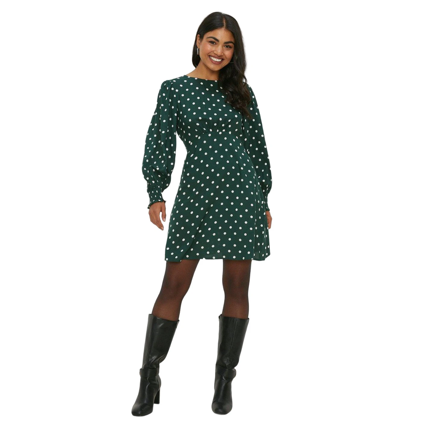 Dorothy Perkins Womens Spotted Shirred Cuff Mini Dress (Green/White) - DP4250