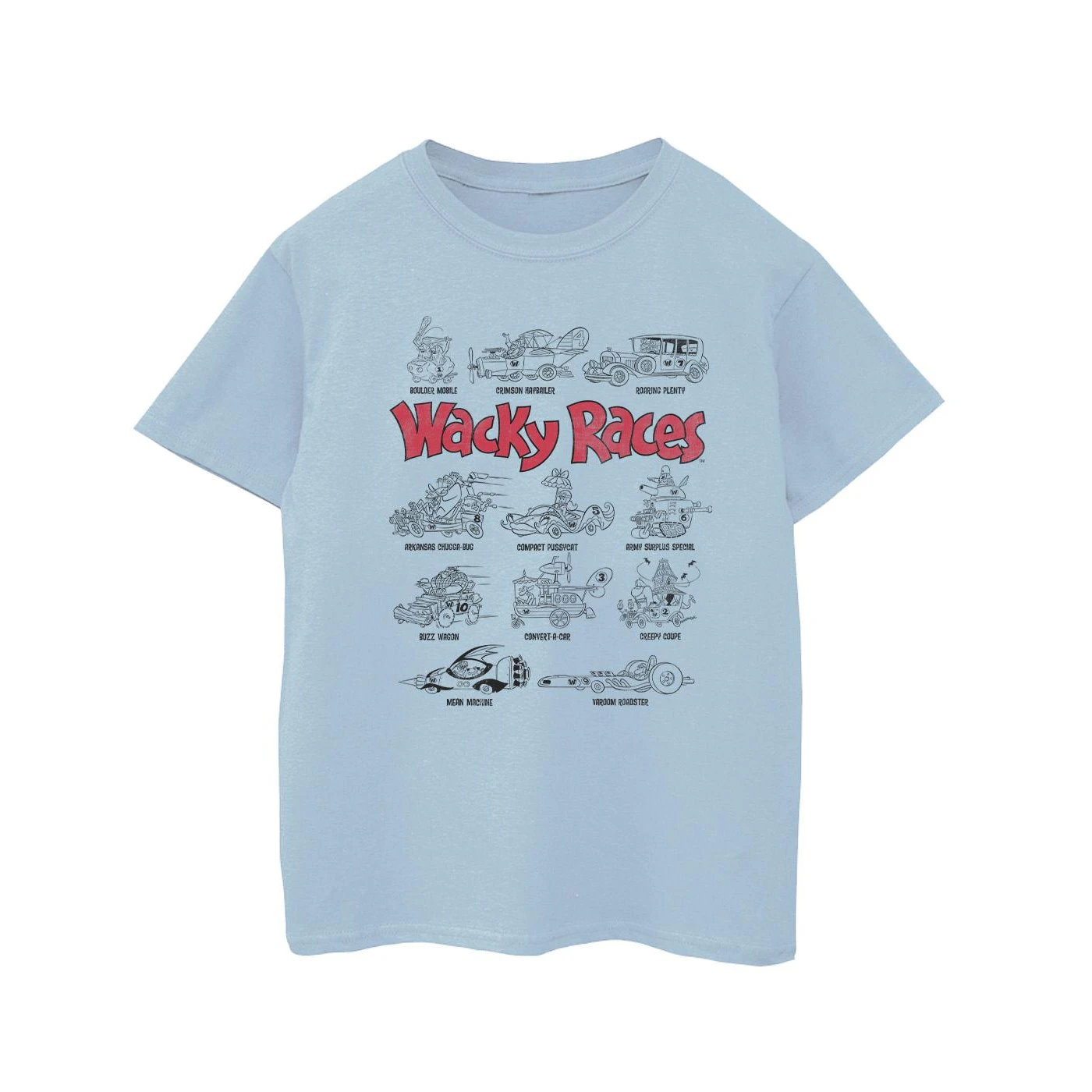 Wacky Races Girls Car Lineup Cotton T-Shirt (Baby Blue) - BI42472