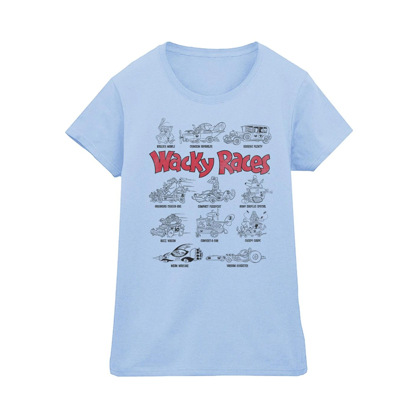 Wacky Races Womens Car Lineup Cotton T-Shirt (Baby Blue) - BI44766