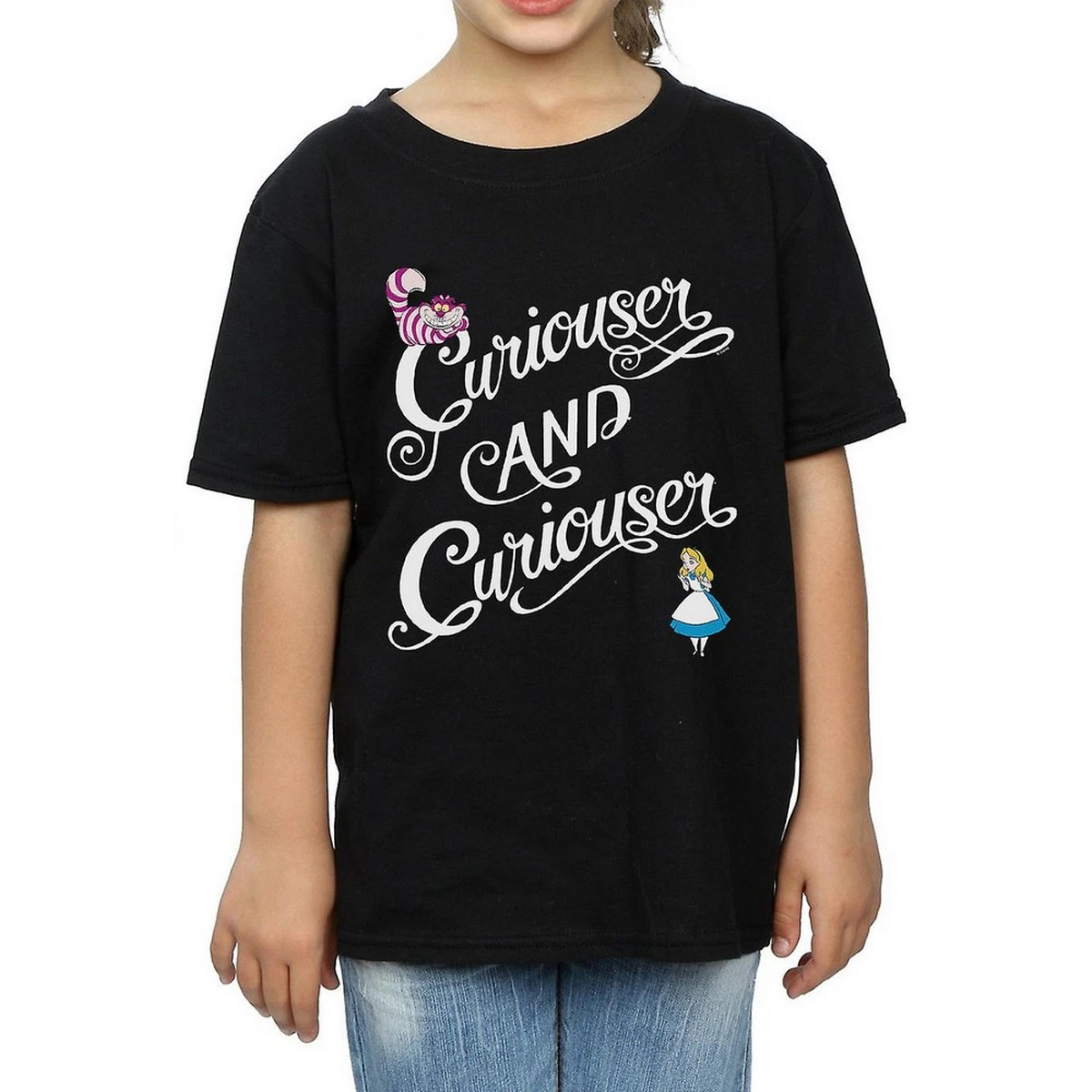 Alice In Wonderland Girls Curiouser And Curiouser Cotton T-Shirt (Black) - BI886