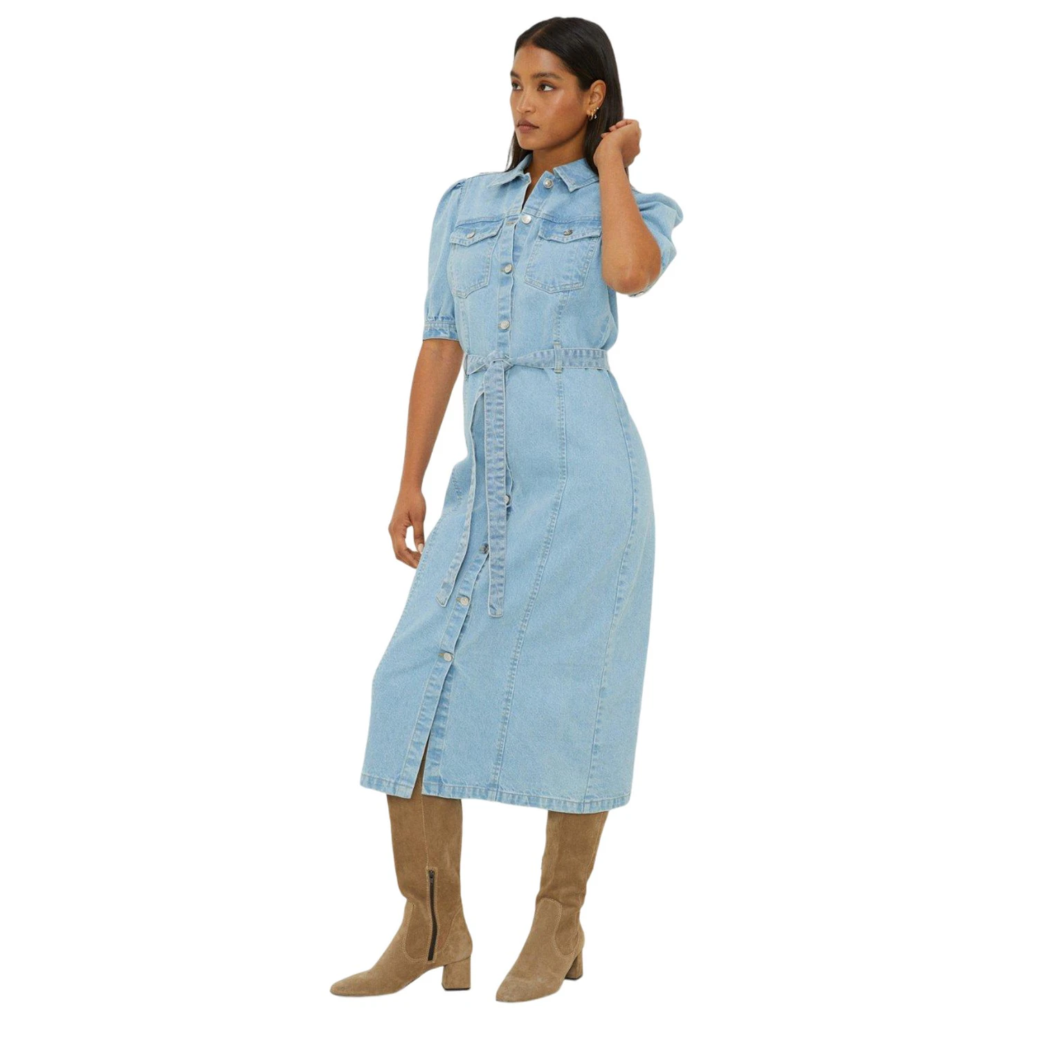 Dorothy Perkins Womens Denim Belt Midi Shirt Dress (Mid Wash) - DP4268