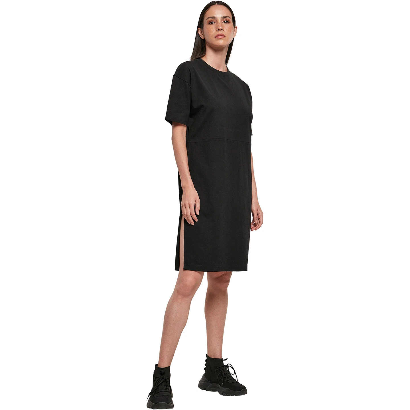 Build Your Brand Womens Organic Split Hem Oversized T-Shirt Dress (Black) - RW8598