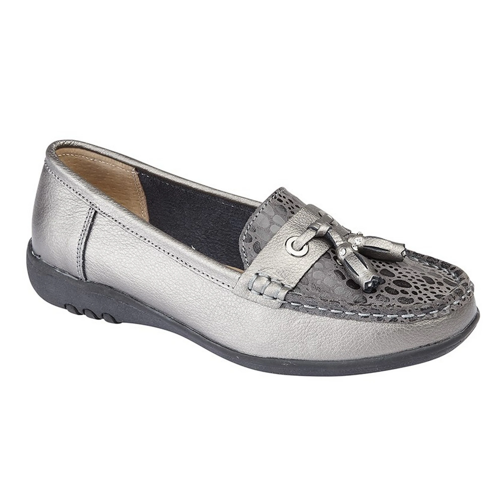 Boulevard Womens Wide Fitting Reptile Print Tassle Shoes (Pewter) - DF1459