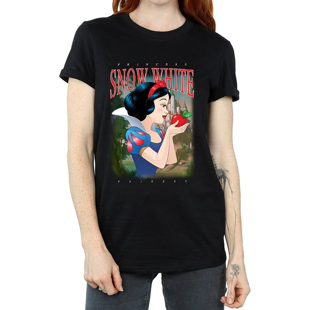 Snow White And The Seven Dwarfs Womens Montage Cotton Boyfriend T-Shirt (Black) - BI570