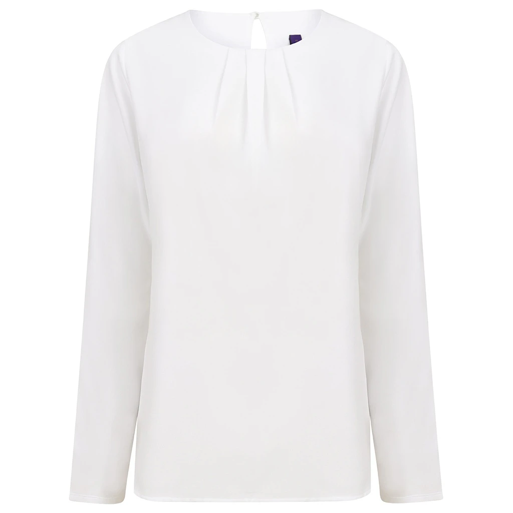 Henbury Womens Pleat Front Long Sleeve Blouse (White) - PC3829