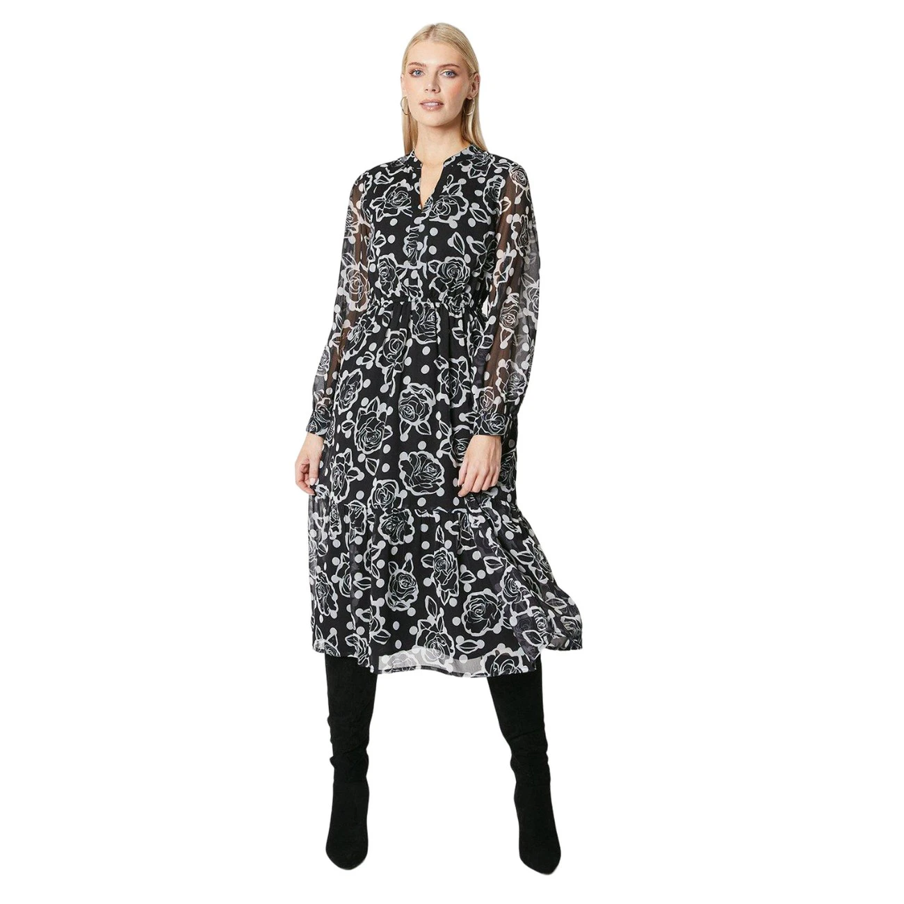 Principles Womens Floral Contrast Collar Midi Dress (Monochrome) - DH6689