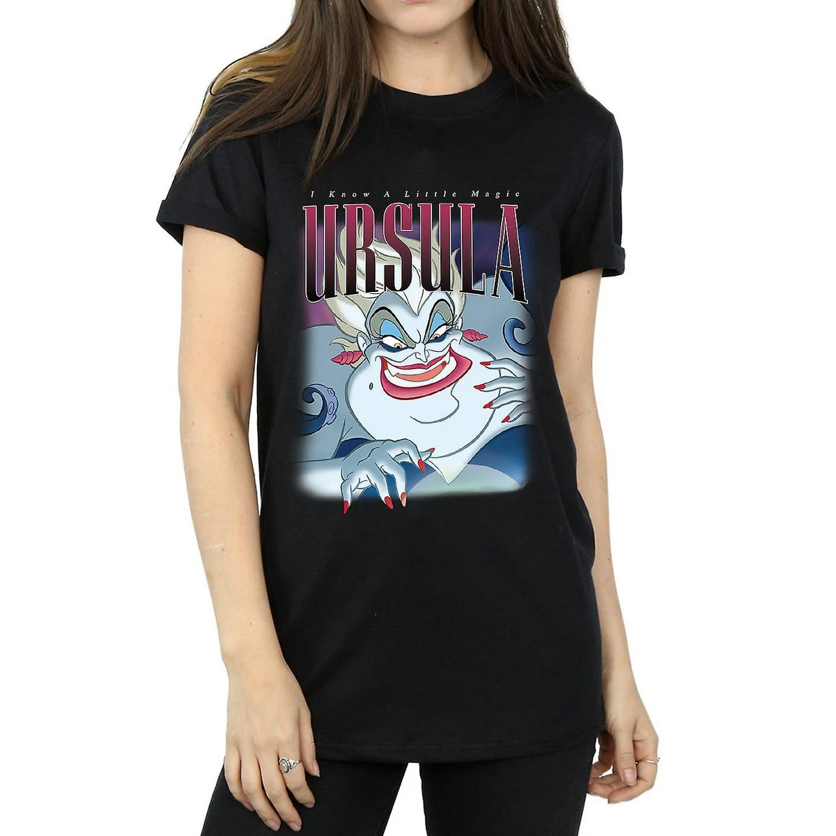 The Little Mermaid Womens Ursula Montage Cotton Boyfriend T-Shirt (Black) - BI838