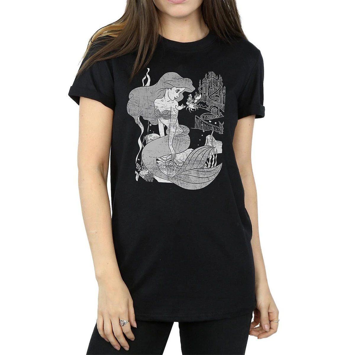 The Little Mermaid Womens Cotton Boyfriend T-Shirt (Black) - BI959