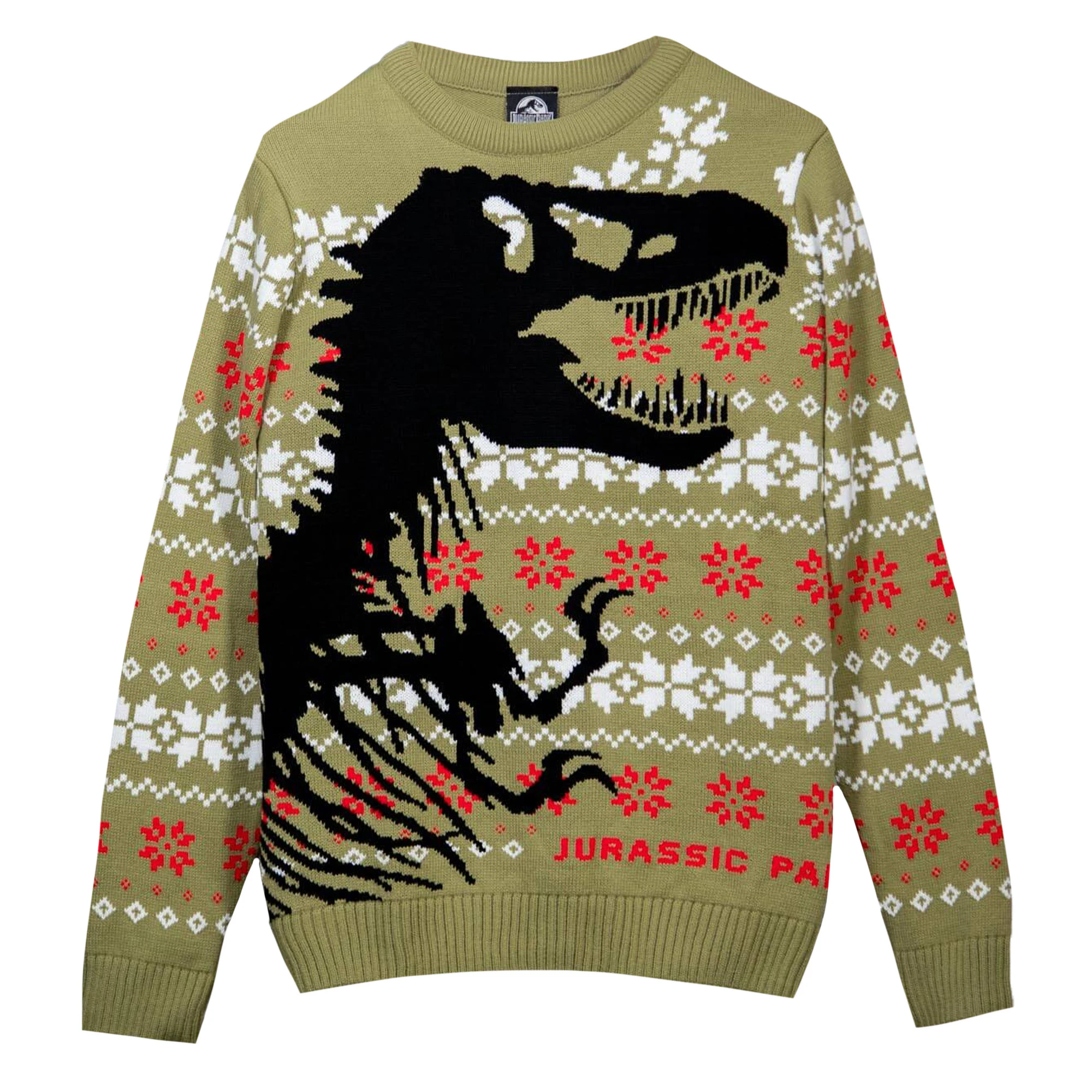 Jurassic Park Unisex Adult Dinosaur Skeleton Knitted Christmas Jumper (Khaki Green/Black/White) - HE682