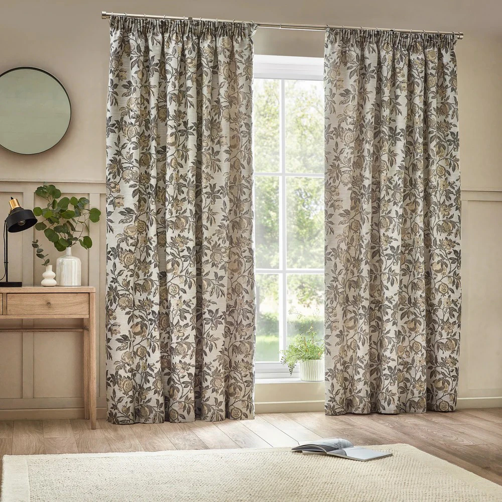 Wylder Jacquard Pomegranate Floral Pencil Pleat Curtains (Natural) - RV3135