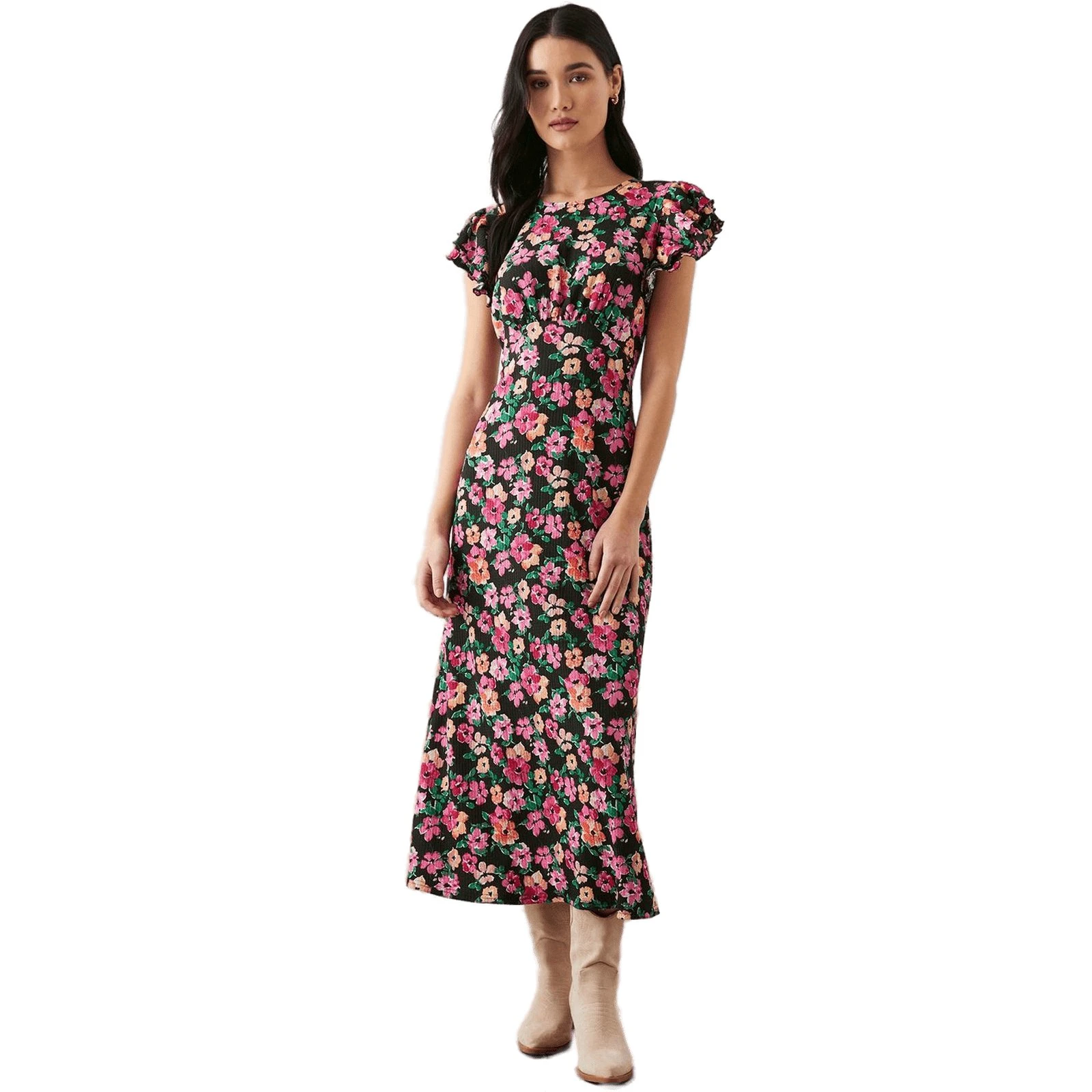 Dorothy Perkins Womens Floral Ruffle Empire Midi Dress (Black) - DP1672