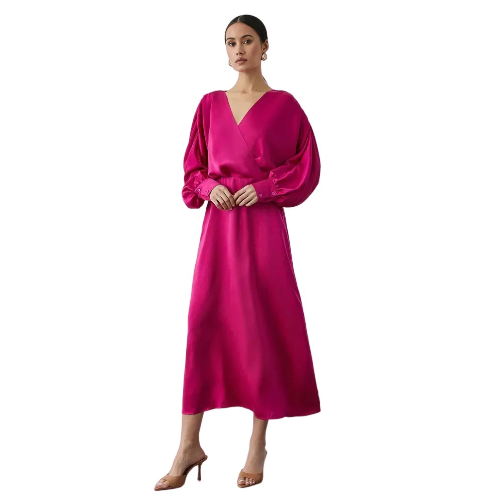 Principles Womens Wrap Batwing Sleeve Midi Dress (Pink) - DH6083