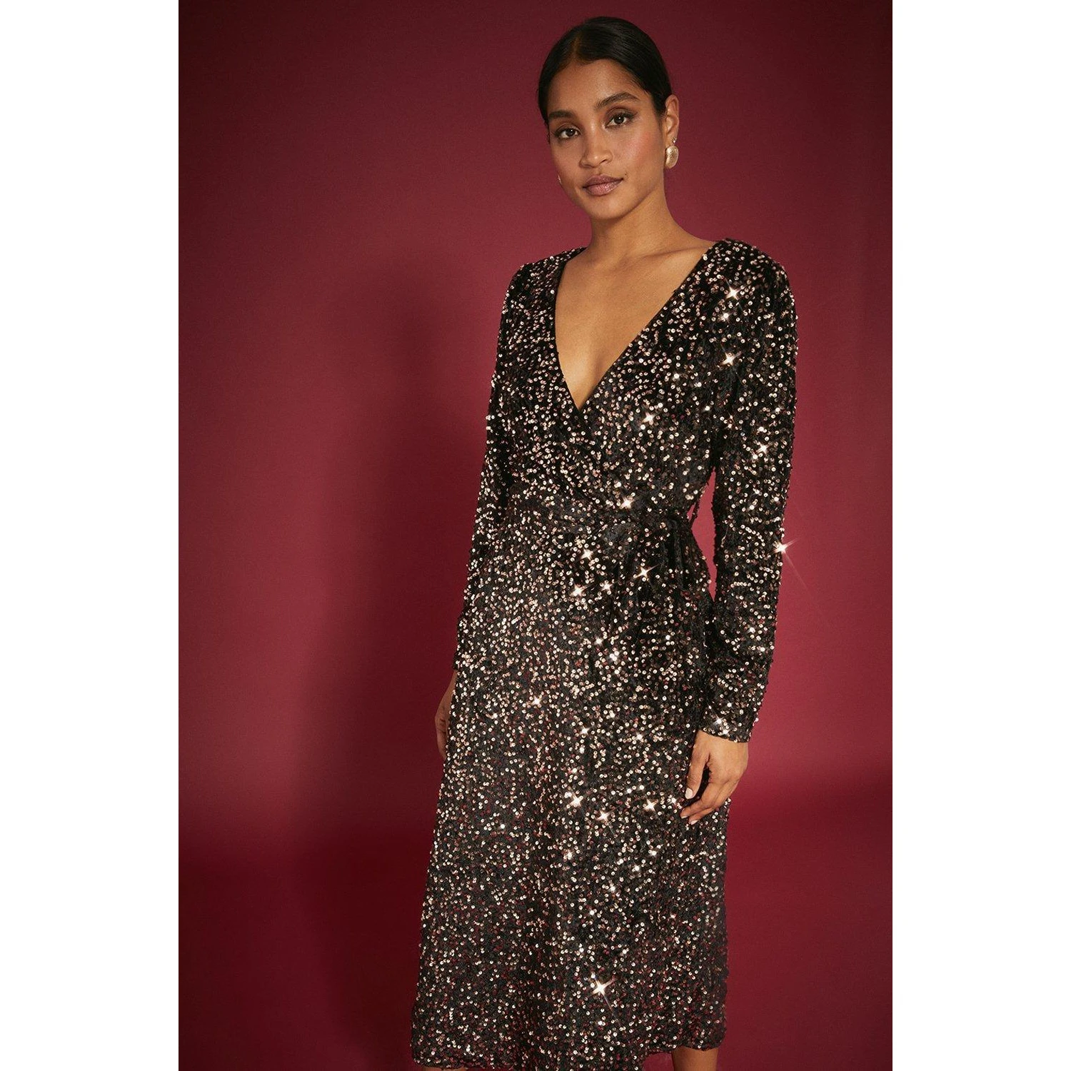 Dorothy Perkins Womens Sequin Velvet Wrap Midi Dress (Bronze) - DP4186