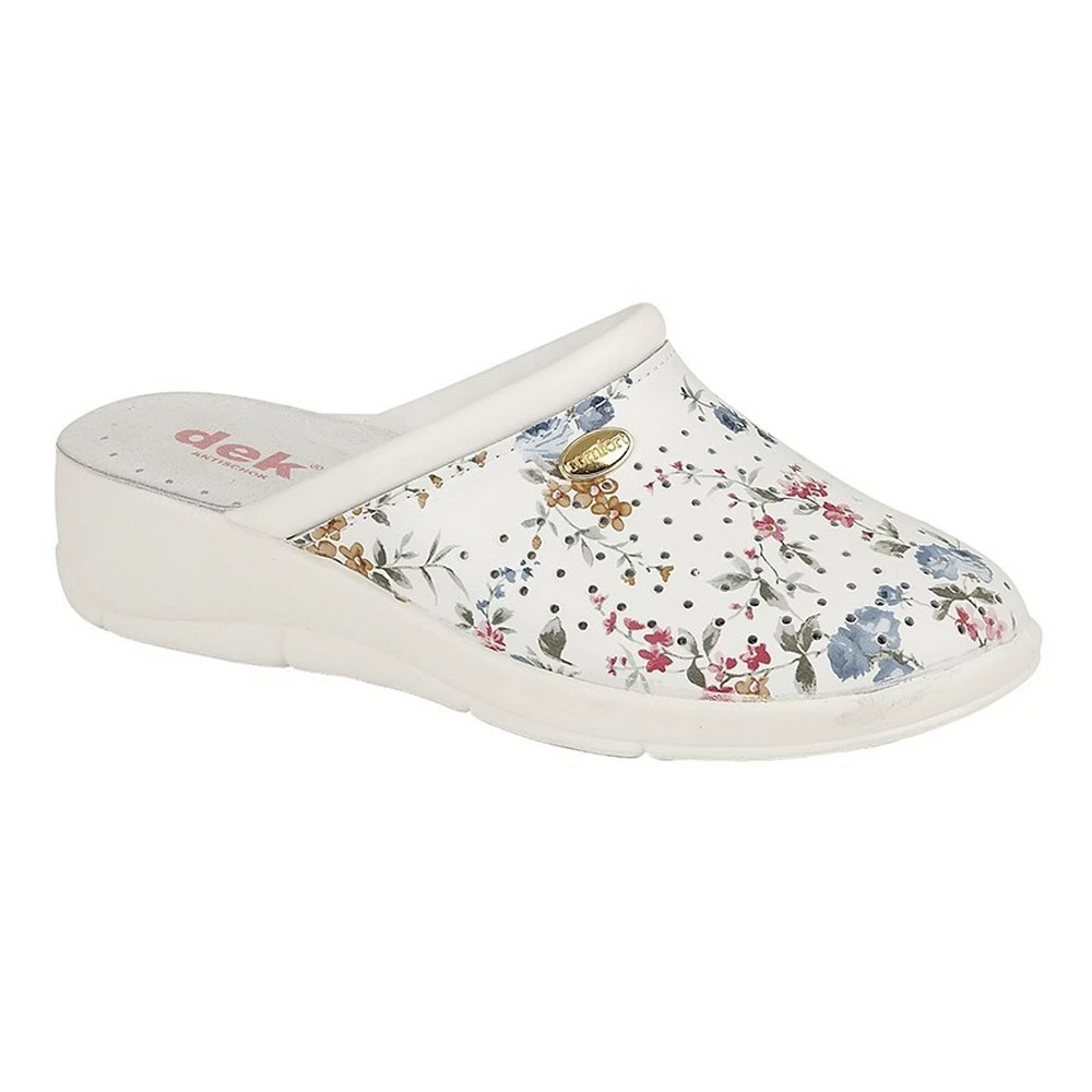 Dek Womens Floral Coated Leather Clog (White) - DF1818