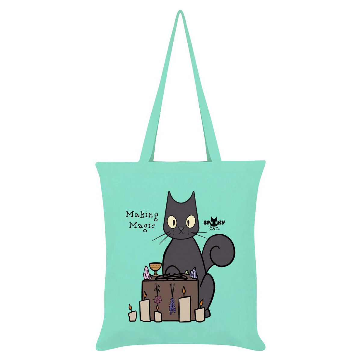 Spooky Cat Making Magic Tote Bag (Mint Green/Dark Grey/Brown) - GR6063