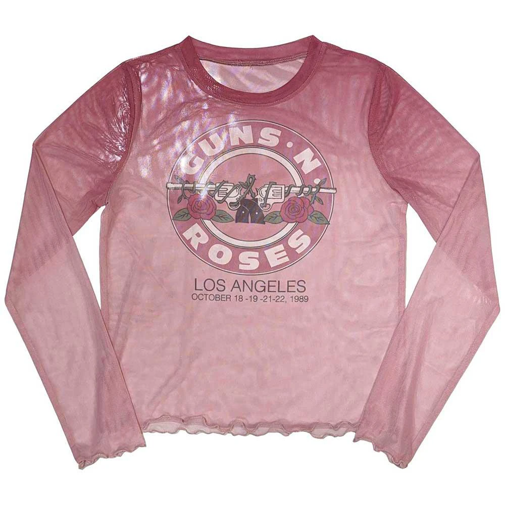 Guns N Roses Womens Bullet Seal Mesh Long-Sleeved Crop Top (Pink) - RO10802