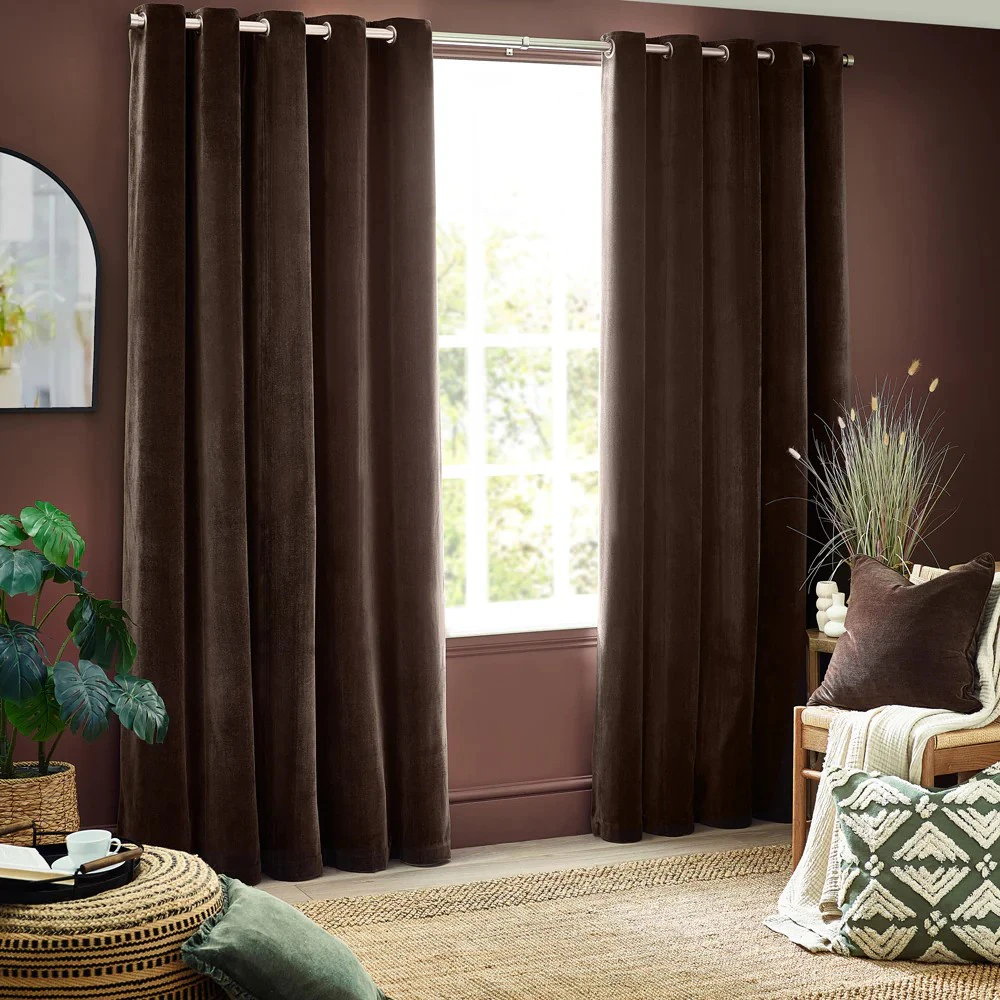 Yard Chenille Velvet Eyelet Curtains (Brown) - RV3279