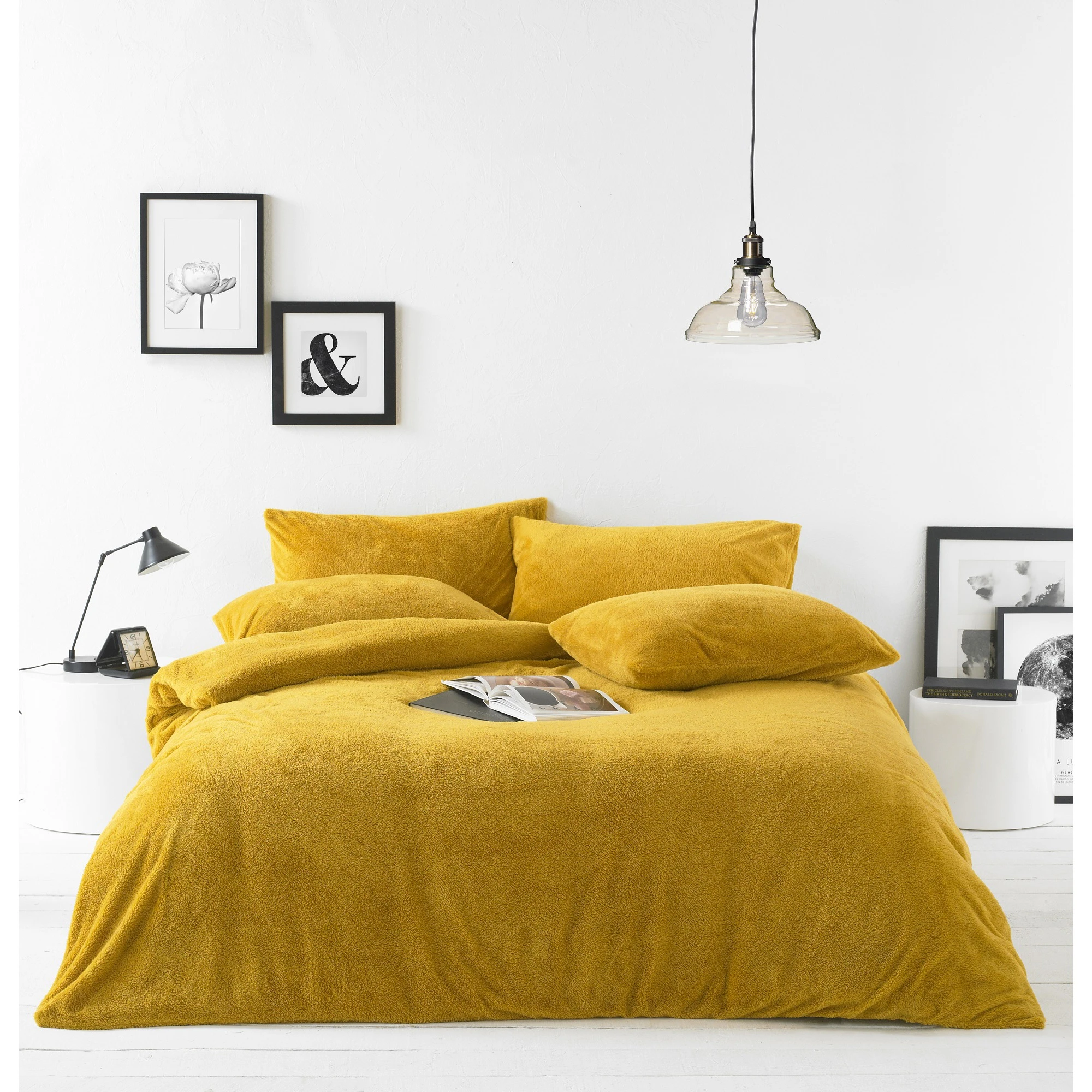 Furn Sherpa Fleece Fabric Duvet Cover Set (Ochre Yellow) - RV1588