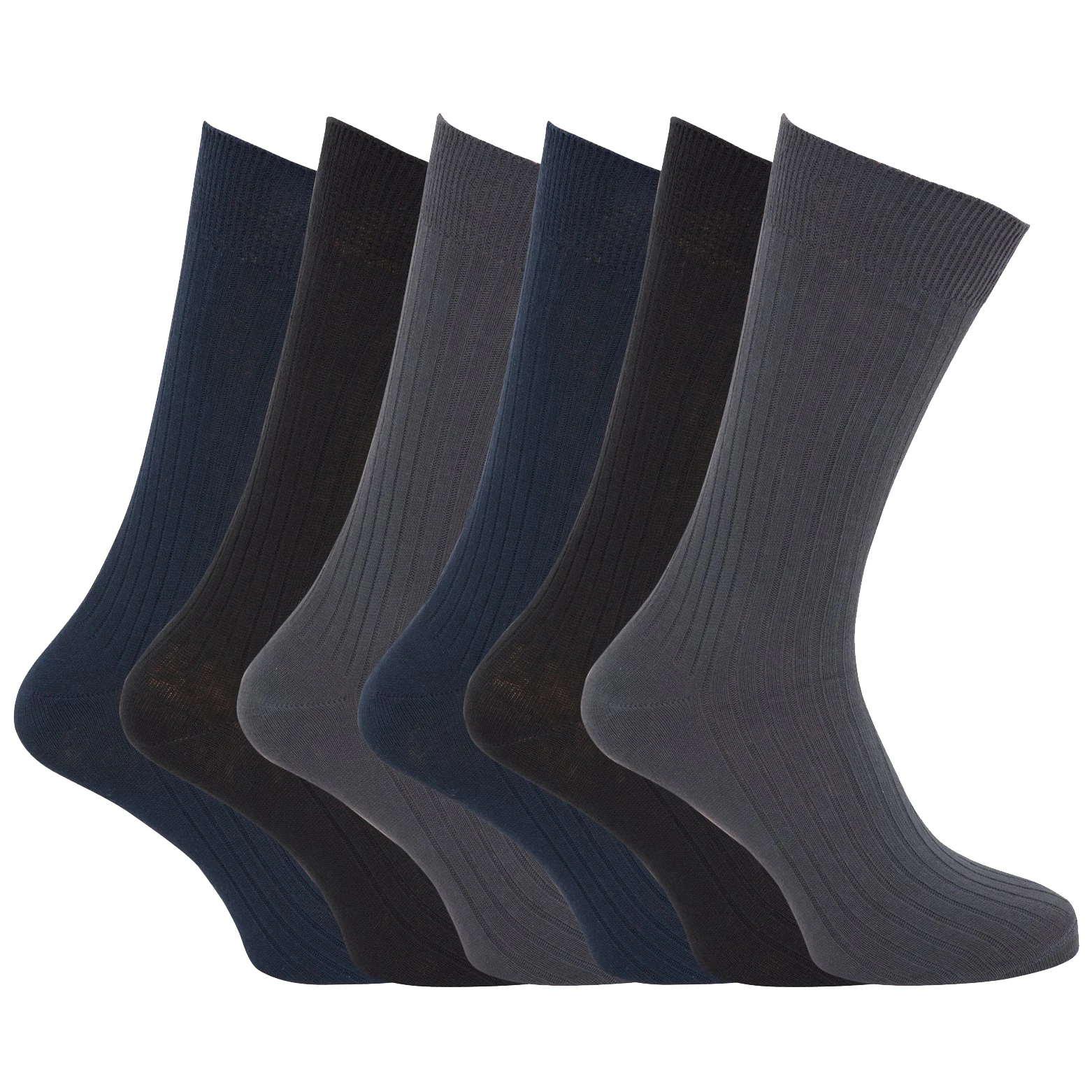 Mens 100% Cotton Ribbed Classic Socks (Pack Of 6) (Black/Grey/Navy) - MB144